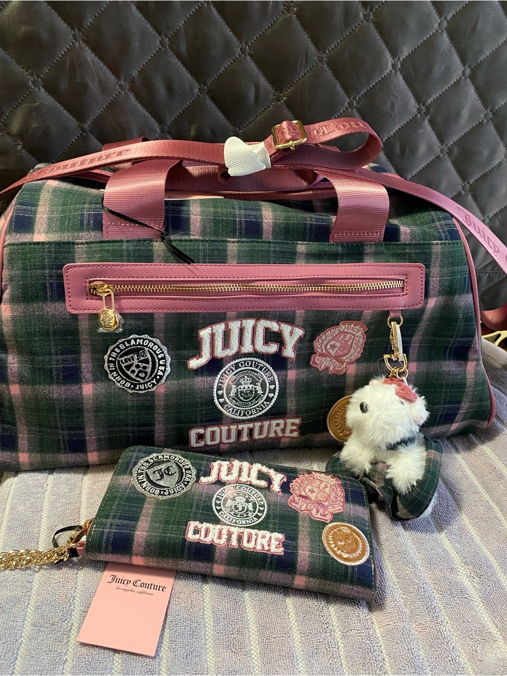 NWT Juicy Couture Varsity Plaid Duffel Bag & Wallet Set Green Pink Flannel